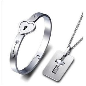Lovers Love Heart Lock Bracelets Bangles Key Pendant Necklace